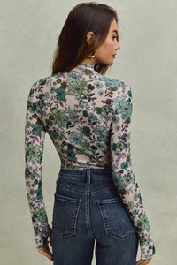 Floral Print Mesh Knit Long Sleeves Top
