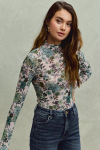 Floral Print Mesh Knit Long Sleeves Top