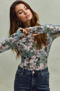 Floral Print Mesh Knit Long Sleeves Top