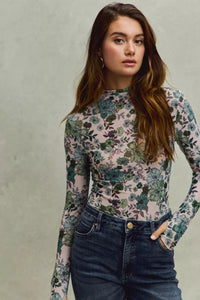 Floral Print Mesh Knit Long Sleeves Top