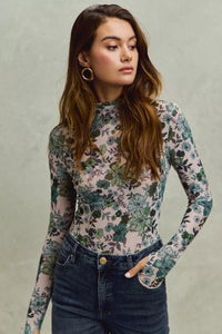 Floral Print Mesh Knit Long Sleeves Top