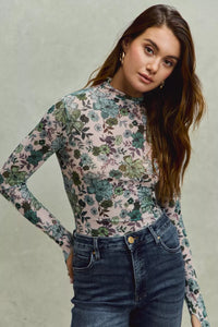 Floral Print Mesh Knit Long Sleeves Top