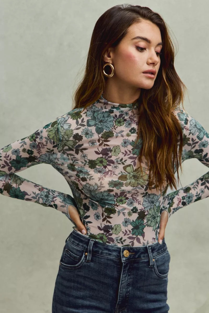 Floral Print Mesh Knit Long Sleeves Top