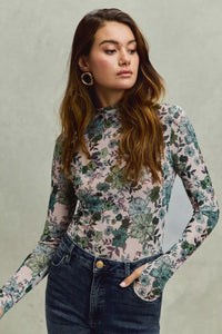 Floral Print Mesh Knit Long Sleeves Top