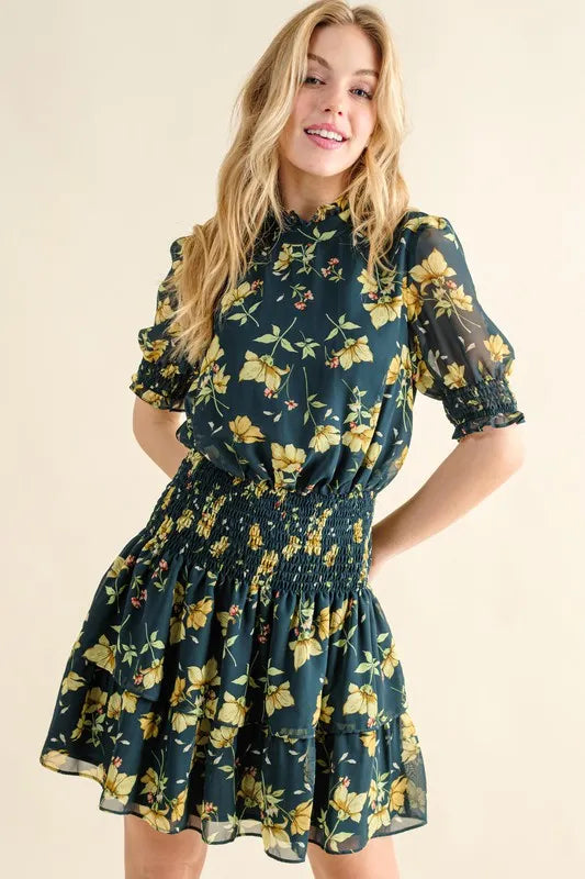 Floral Print Smocked Waist Mini Dress-A floral print smocked waist mini dress is a cute and feminine option for a summer wardrobe. The smocked waist detail creates a flattering silhouette.-Reef Love Boho-Chic Boutique