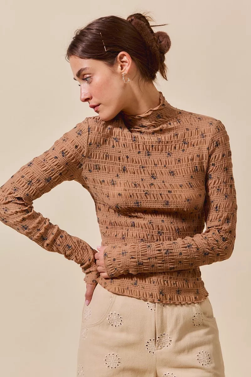 Floral Print Textured Long Sleeve Knit Top