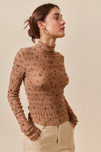 Floral Print Textured Long Sleeve Knit Top