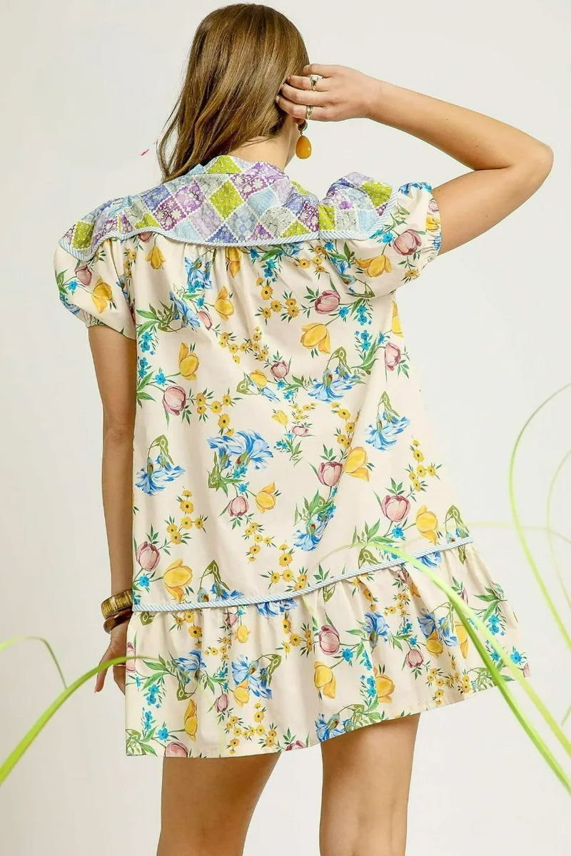 Floral Print Tie Neck Puff Sleeve Mini Dress-Floral babydoll mini dress with puff sleeves, tie neck, and tiered ruffle hem. Lightweight 100% cotton—perfect for spring outings and garden parties.-Reef Love Boho-Chic Boutique