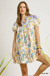Floral Print Tie Neck Puff Sleeve Mini Dress-Floral babydoll mini dress with puff sleeves, tie neck, and tiered ruffle hem. Lightweight 100% cotton—perfect for spring outings and garden parties.-Reef Love Boho-Chic Boutique
