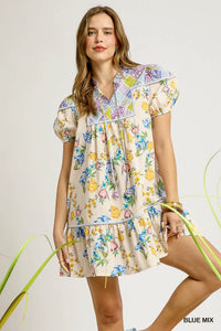 Floral Print Tie Neck Puff Sleeve Mini Dress-Floral babydoll mini dress with puff sleeves, tie neck, and tiered ruffle hem. Lightweight 100% cotton—perfect for spring outings and garden parties.-Reef Love Boho-Chic Boutique