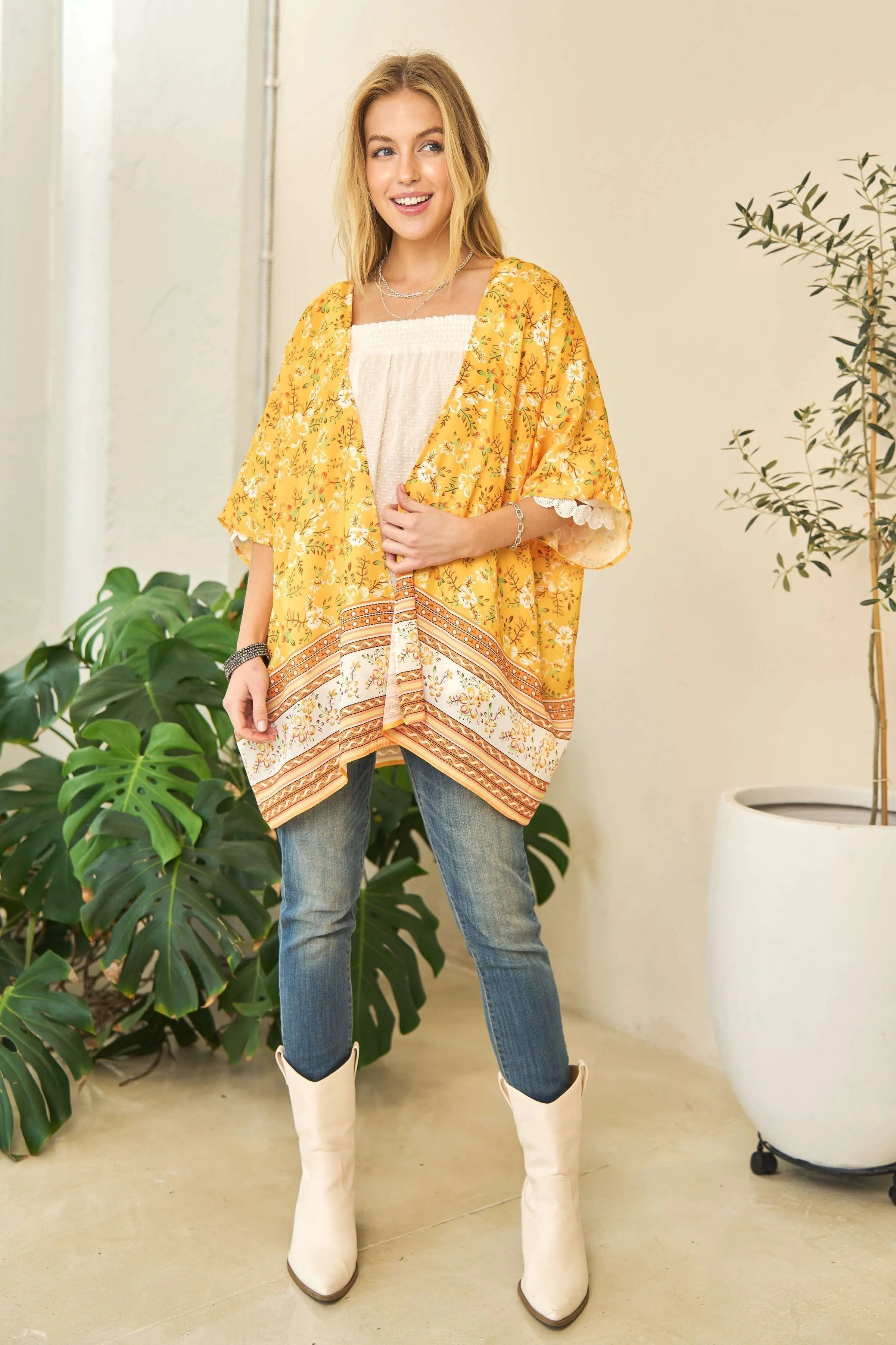 Floral Printed Short Sleeve Loose Fit Kimono Cover Up-Open Knit Cover Up-Reef Love