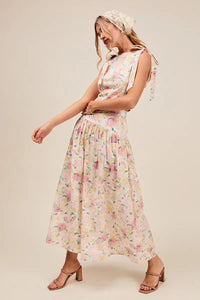 Floral Printed Woven Shoulder Bow Tie Top and Skirt Set – Pink Floral-Floral Printed Woven Shoulder Bow Tie Top and Skirt Set – Romantic and effortlessly chic, Two-Piece Set sleeveless crop top with high-waisted tiered maxi skirt.-Reef Love Boho-Chic Boutique