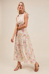 Floral Printed Woven Shoulder Bow Tie Top and Skirt Set – Pink Floral-Floral Printed Woven Shoulder Bow Tie Top and Skirt Set – Romantic and effortlessly chic, Two-Piece Set sleeveless crop top with high-waisted tiered maxi skirt.-Reef Love Boho-Chic Boutique