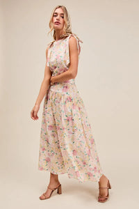 Floral Printed Woven Shoulder Bow Tie Top and Skirt Set – Pink Floral-Floral Printed Woven Shoulder Bow Tie Top and Skirt Set – Romantic and effortlessly chic, Two-Piece Set sleeveless crop top with high-waisted tiered maxi skirt.-Reef Love Boho-Chic Boutique