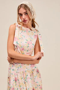 Floral Printed Woven Shoulder Bow Tie Top and Skirt Set – Pink Floral-Floral Printed Woven Shoulder Bow Tie Top and Skirt Set – Romantic and effortlessly chic, Two-Piece Set sleeveless crop top with high-waisted tiered maxi skirt.-Reef Love Boho-Chic Boutique