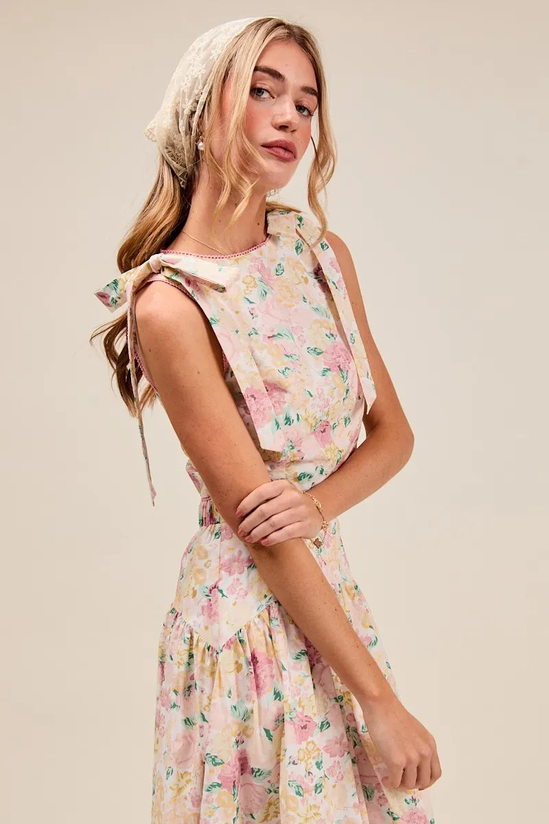 Floral Printed Woven Shoulder Bow Tie Top and Skirt Set – Pink Floral-Floral Printed Woven Shoulder Bow Tie Top and Skirt Set – Romantic and effortlessly chic, Two-Piece Set sleeveless crop top with high-waisted tiered maxi skirt.-Reef Love Boho-Chic Boutique