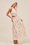 Floral Printed Woven Shoulder Bow Tie Top and Skirt Set – Pink Floral-Floral Printed Woven Shoulder Bow Tie Top and Skirt Set – Romantic and effortlessly chic, Two-Piece Set sleeveless crop top with high-waisted tiered maxi skirt.-Reef Love Boho-Chic Boutique