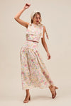 Floral Printed Woven Shoulder Bow Tie Top and Skirt Set – Pink Floral-Floral Printed Woven Shoulder Bow Tie Top and Skirt Set – Romantic and effortlessly chic, Two-Piece Set sleeveless crop top with high-waisted tiered maxi skirt.-Reef Love Boho-Chic Boutique