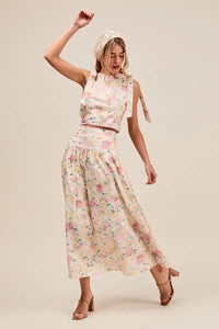 Floral Printed Woven Shoulder Bow Tie Top and Skirt Set – Pink Floral-Floral Printed Woven Shoulder Bow Tie Top and Skirt Set – Romantic and effortlessly chic, Two-Piece Set sleeveless crop top with high-waisted tiered maxi skirt.-Reef Love Boho-Chic Boutique