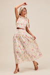 Floral Printed Woven Shoulder Bow Tie Top and Skirt Set – Pink Floral-Floral Printed Woven Shoulder Bow Tie Top and Skirt Set – Romantic and effortlessly chic, Two-Piece Set sleeveless crop top with high-waisted tiered maxi skirt.-Reef Love Boho-Chic Boutique