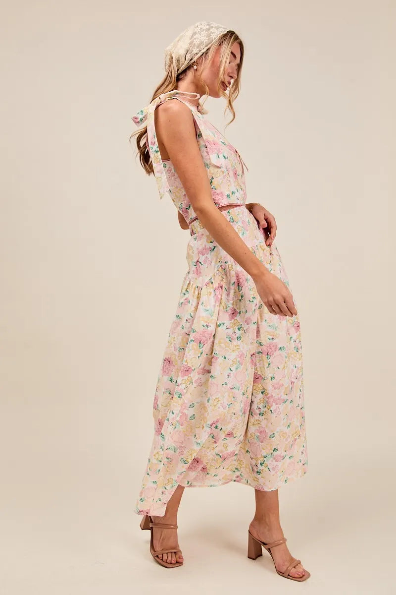 Floral Printed Woven Shoulder Bow Tie Top and Skirt Set – Pink Floral-Floral Printed Woven Shoulder Bow Tie Top and Skirt Set – Romantic and effortlessly chic, Two-Piece Set sleeveless crop top with high-waisted tiered maxi skirt.-Reef Love Boho-Chic Boutique
