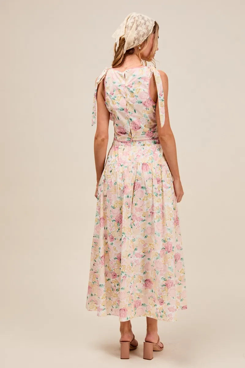 Floral Printed Woven Shoulder Bow Tie Top and Skirt Set – Pink Floral-Floral Printed Woven Shoulder Bow Tie Top and Skirt Set – Romantic and effortlessly chic, Two-Piece Set sleeveless crop top with high-waisted tiered maxi skirt.-Reef Love Boho-Chic Boutique