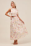 Floral Printed Woven Shoulder Bow Tie Top and Skirt Set – Pink Floral-Floral Printed Woven Shoulder Bow Tie Top and Skirt Set – Romantic and effortlessly chic, Two-Piece Set sleeveless crop top with high-waisted tiered maxi skirt.-Reef Love Boho-Chic Boutique
