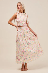 Floral Printed Woven Shoulder Bow Tie Top and Skirt Set – Pink Floral-Floral Printed Woven Shoulder Bow Tie Top and Skirt Set – Romantic and effortlessly chic, Two-Piece Set sleeveless crop top with high-waisted tiered maxi skirt.-Reef Love Boho-Chic Boutique