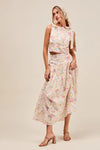 Floral Printed Woven Shoulder Bow Tie Top and Skirt Set – Pink Floral-Floral Printed Woven Shoulder Bow Tie Top and Skirt Set – Romantic and effortlessly chic, Two-Piece Set sleeveless crop top with high-waisted tiered maxi skirt.-Reef Love Boho-Chic Boutique