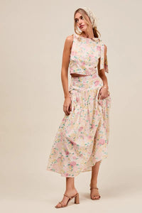 Floral Printed Woven Shoulder Bow Tie Top and Skirt Set – Pink Floral-Floral Printed Woven Shoulder Bow Tie Top and Skirt Set – Romantic and effortlessly chic, Two-Piece Set sleeveless crop top with high-waisted tiered maxi skirt.-Reef Love Boho-Chic Boutique