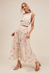 Floral Printed Woven Shoulder Bow Tie Top and Skirt Set – Pink Floral-Floral Printed Woven Shoulder Bow Tie Top and Skirt Set – Romantic and effortlessly chic, Two-Piece Set sleeveless crop top with high-waisted tiered maxi skirt.-Reef Love Boho-Chic Boutique