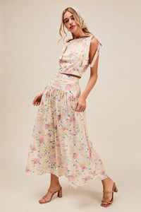 Floral Printed Woven Shoulder Bow Tie Top and Skirt Set – Pink Floral-Floral Printed Woven Shoulder Bow Tie Top and Skirt Set – Romantic and effortlessly chic, Two-Piece Set sleeveless crop top with high-waisted tiered maxi skirt.-Reef Love Boho-Chic Boutique