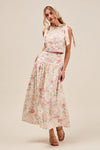 Floral Printed Woven Shoulder Bow Tie Top and Skirt Set – Pink Floral-Floral Printed Woven Shoulder Bow Tie Top and Skirt Set – Romantic and effortlessly chic, Two-Piece Set sleeveless crop top with high-waisted tiered maxi skirt.-Reef Love Boho-Chic Boutique
