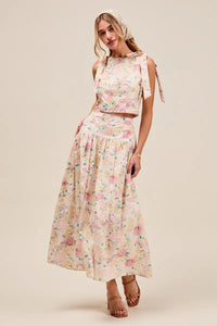 Floral Printed Woven Shoulder Bow Tie Top and Skirt Set – Pink Floral-Floral Printed Woven Shoulder Bow Tie Top and Skirt Set – Romantic and effortlessly chic, Two-Piece Set sleeveless crop top with high-waisted tiered maxi skirt.-Reef Love Boho-Chic Boutique