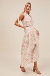 Floral Printed Woven Shoulder Bow Tie Top and Skirt Set – Pink Floral-Floral Printed Woven Shoulder Bow Tie Top and Skirt Set – Romantic and effortlessly chic, Two-Piece Set sleeveless crop top with high-waisted tiered maxi skirt.-Reef Love Boho-Chic Boutique