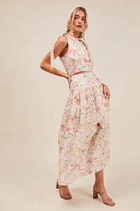 Floral Printed Woven Shoulder Bow Tie Top and Skirt Set – Pink Floral-Floral Printed Woven Shoulder Bow Tie Top and Skirt Set – Romantic and effortlessly chic, Two-Piece Set sleeveless crop top with high-waisted tiered maxi skirt.-Reef Love Boho-Chic Boutique