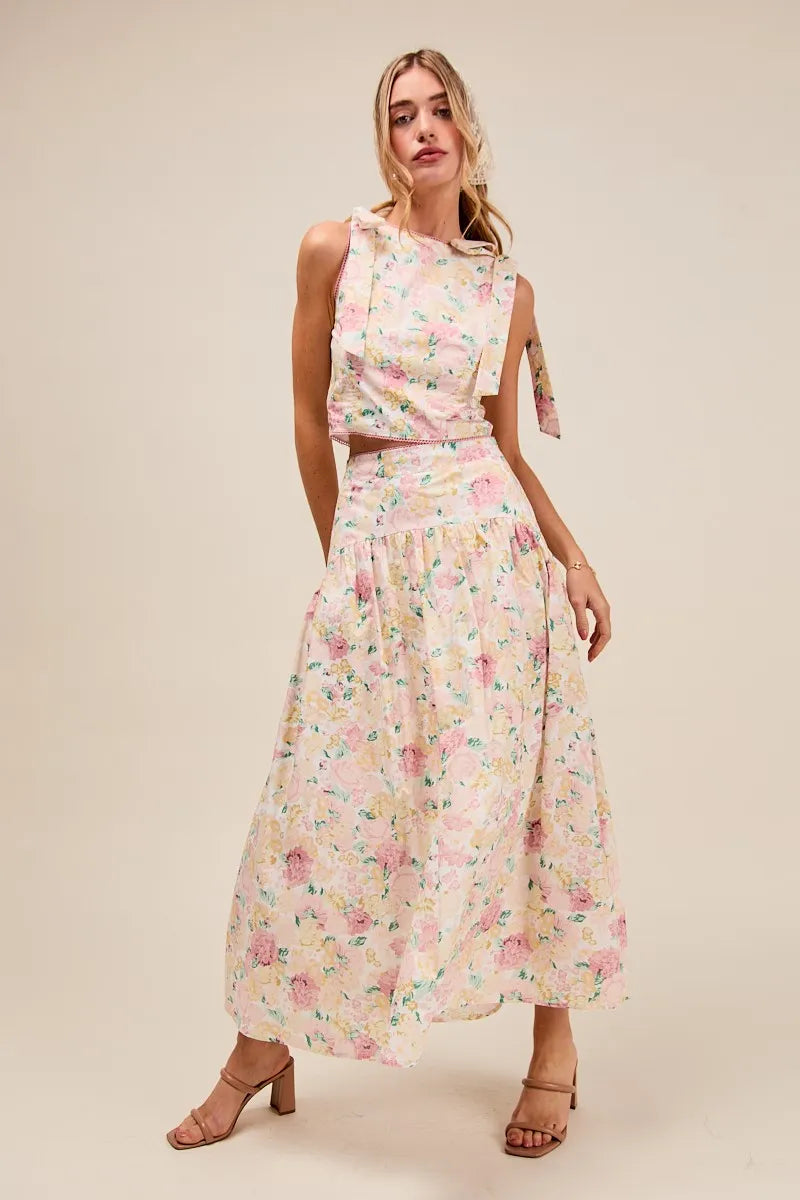 Floral Printed Woven Shoulder Bow Tie Top and Skirt Set – Pink Floral-Floral Printed Woven Shoulder Bow Tie Top and Skirt Set – Romantic and effortlessly chic, Two-Piece Set sleeveless crop top with high-waisted tiered maxi skirt.-Reef Love Boho-Chic Boutique