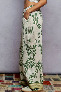 Floral Printed Woven Wide Leg Drawstring Pants-Green and Beige Floral Printed Woven Wide Leg Drawstring Pants. The Wide Leg Drawstring Pants are a chic and stylish choice for any fashion-forward individual. 