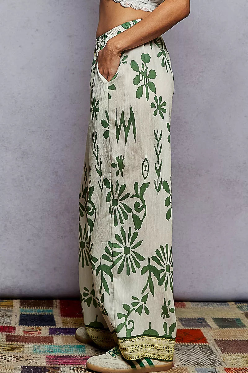 Floral Printed Woven Wide Leg Drawstring Pants-Green and Beige Floral Printed Woven Wide Leg Drawstring Pants. The Wide Leg Drawstring Pants are a chic and stylish choice for any fashion-forward individual. 