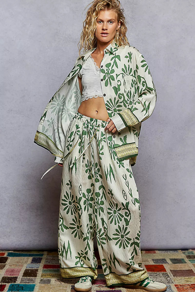 Floral Printed Woven Wide Leg Drawstring Pants-Green and Beige Floral Printed Woven Wide Leg Drawstring Pants. The Wide Leg Drawstring Pants are a chic and stylish choice for any fashion-forward individual. 