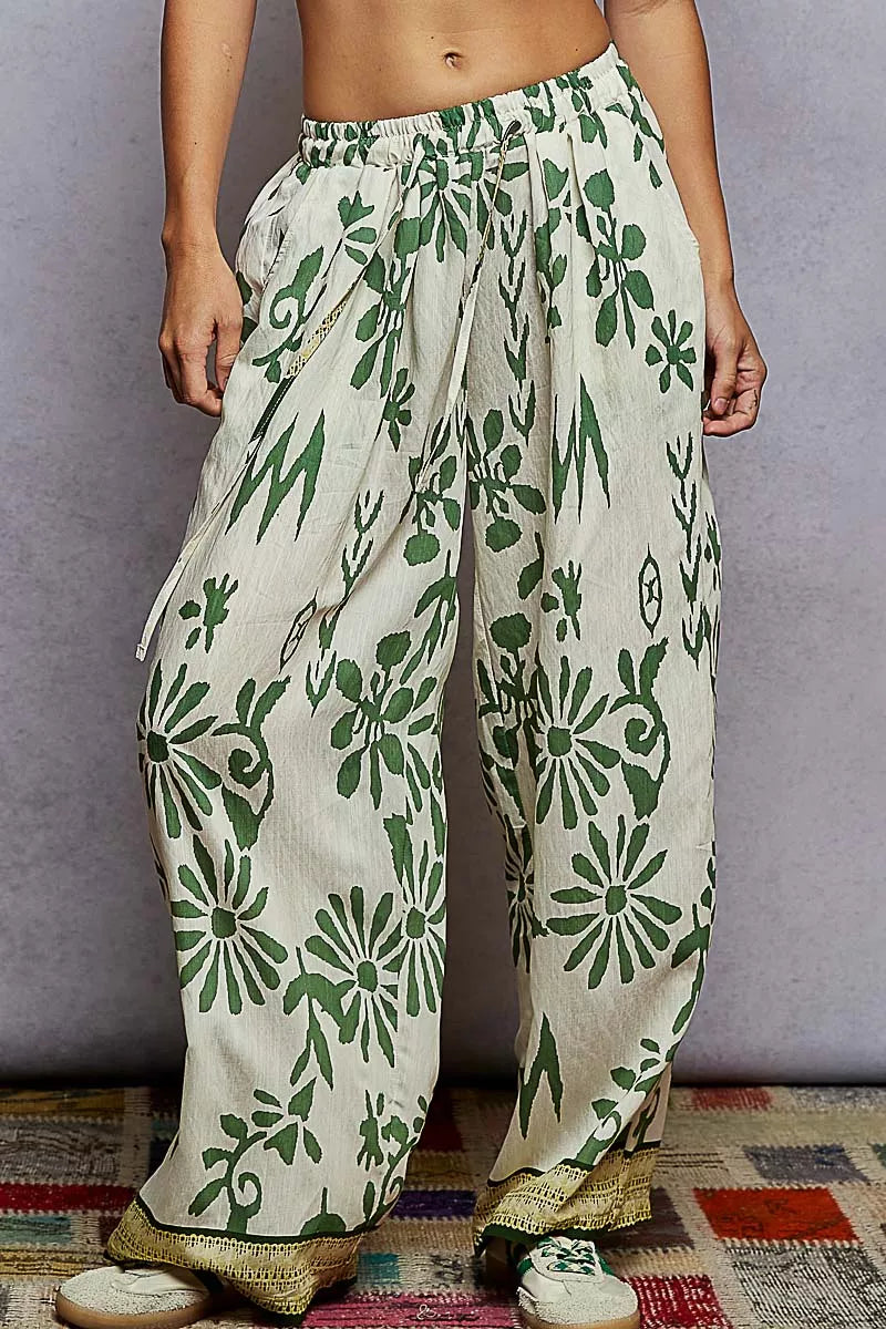 Floral Printed Woven Wide Leg Drawstring Pants-Green and Beige Floral Printed Woven Wide Leg Drawstring Pants. The Wide Leg Drawstring Pants are a chic and stylish choice for any fashion-forward individual. 