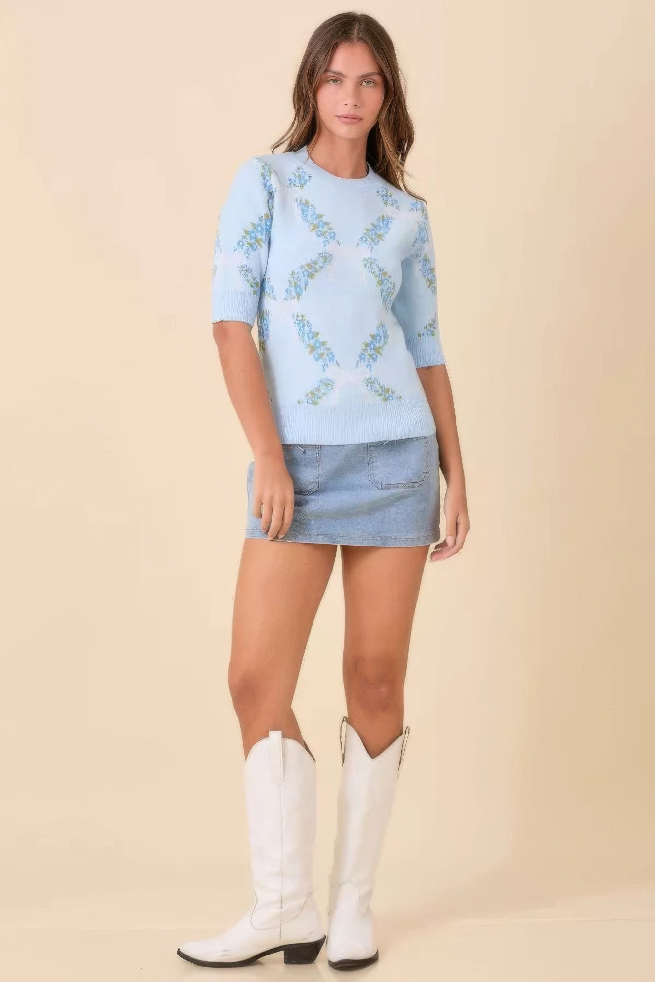 Floral Ribbon Print Knit Short Sleeve Sweater