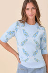 Floral Ribbon Print Knit Short Sleeve Sweater
