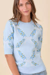 Floral Ribbon Print Knit Short Sleeve Sweater