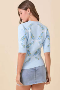 Floral Ribbon Print Knit Short Sleeve Sweater