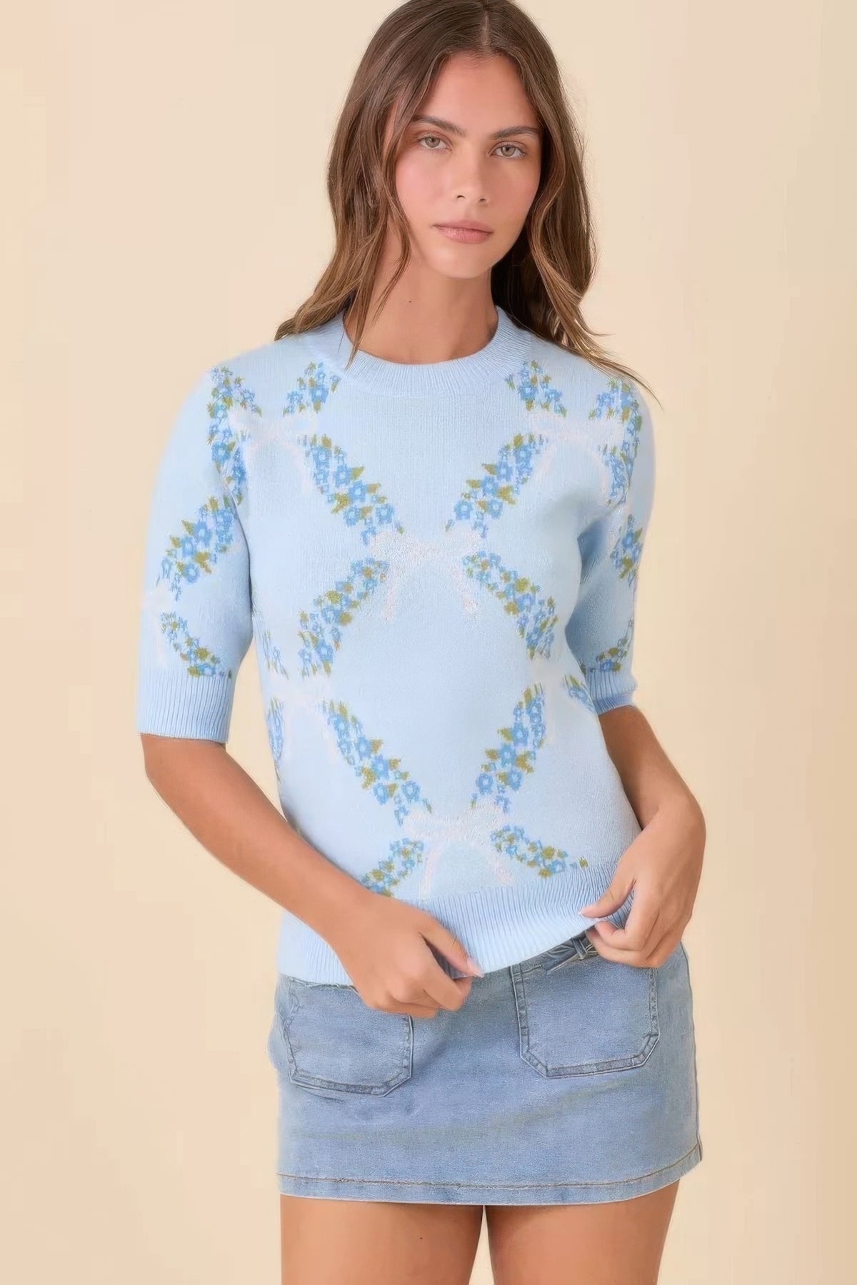 Floral Ribbon Print Knit Short Sleeve Sweater