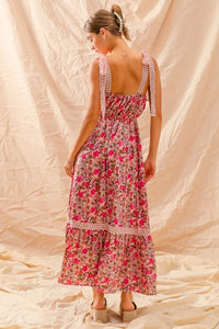 Floral Ribbon Tie Maxi Dress-Romantic floral maxi dress with smocked bodice & tiered ruffle hem. Lightweight & breezy with tie straps—perfect for summer weddings & vacations.-Reef Love Boho-Chic Boutique