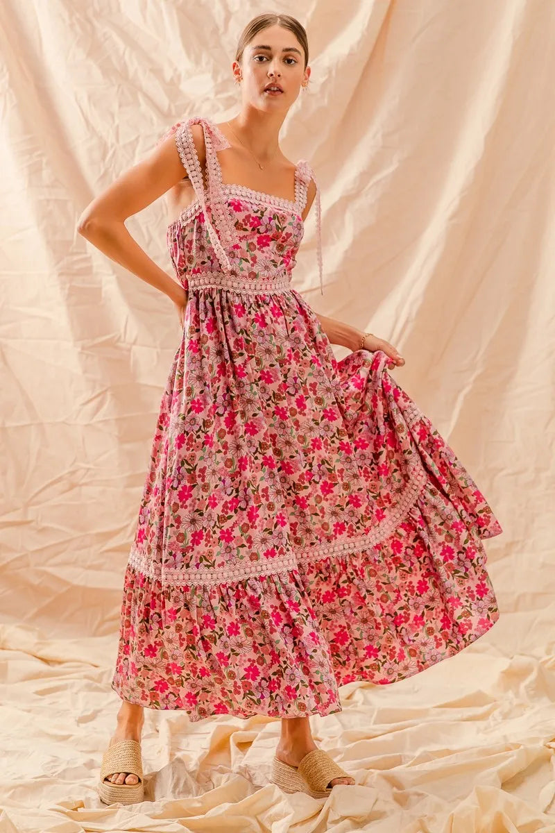 Floral Ribbon Tie Maxi Dress-Romantic floral maxi dress with smocked bodice & tiered ruffle hem. Lightweight & breezy with tie straps—perfect for summer weddings & vacations.-Reef Love Boho-Chic Boutique