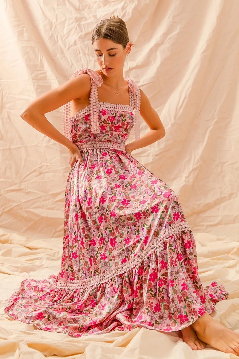 Floral Ribbon Tie Maxi Dress-Romantic floral maxi dress with smocked bodice & tiered ruffle hem. Lightweight & breezy with tie straps—perfect for summer weddings & vacations.-Reef Love Boho-Chic Boutique
