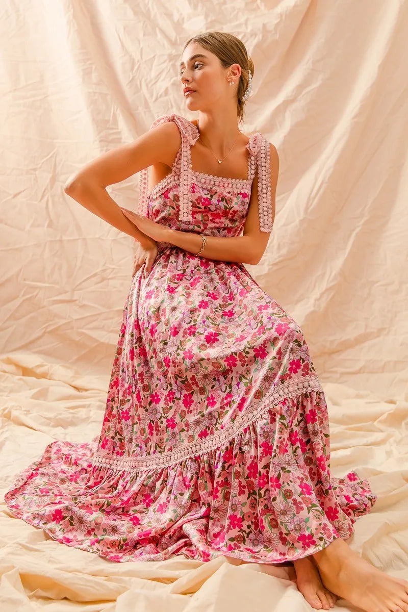 Floral Ribbon Tie Maxi Dress-Romantic floral maxi dress with smocked bodice & tiered ruffle hem. Lightweight & breezy with tie straps—perfect for summer weddings & vacations.-Reef Love Boho-Chic Boutique